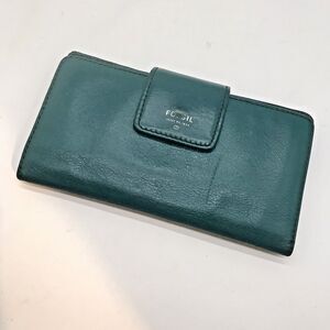 Fossil  Pebbled Leather Wallet Teal Green Bi-fold Zipper Pocket ID CC Cash Snaps